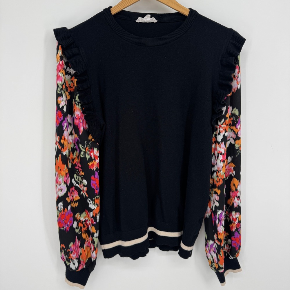 THML Mixed Media Sweater Womens XL Floral Ruffle Shoulder Knit Cottage Boho